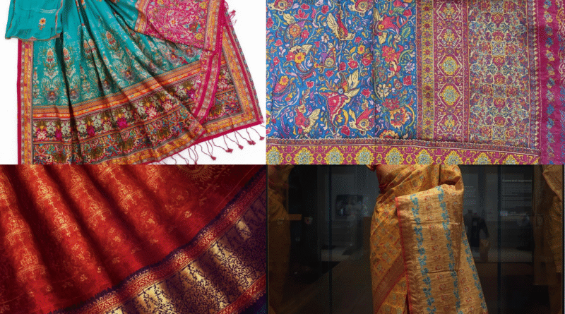 “Traditional Gujarati Patola saree with colorful geometric and floral patterns”